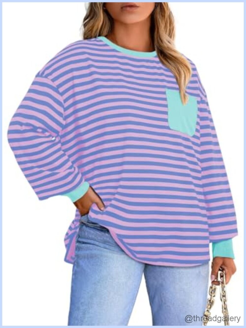 Plus Size Striped Crewneck Long Sleeve Tee with Pockets Casual